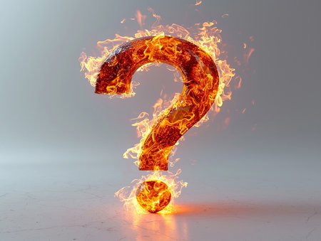 Fiery burning question mark on a light background. Problems of warming, fires, eruptions, design element for banners, presentations. AI generated.の素材