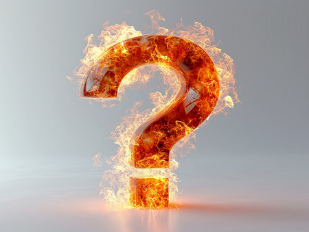 Fiery burning question mark on a light background. Problems of warming, fires, eruptions, design element for banners, presentations. AI generated.の素材