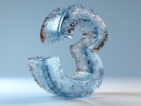Icy frozen number 3 on a light background. Problems of glaciation, cold snaps, design element for banners, presentations. AI generated.の素材