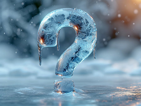 Icy frozen question mark on a light background. Problems of glaciation, cold snaps, design element for banners, presentations. AI generated.の素材
