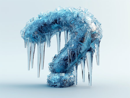Icy frozen question mark on a light background. Problems of glaciation, cold snaps, design element for banners, presentations. AI generated.の素材