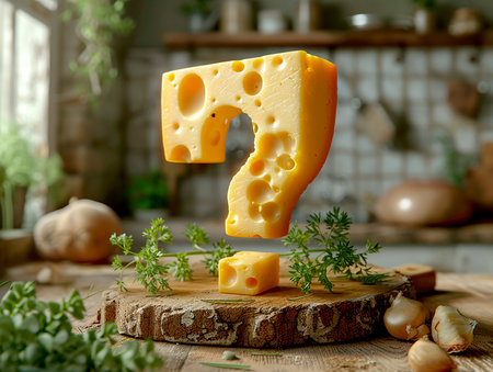 Cheese is a question mark in the kitchen interior, difficulties and problems with choosing the type of cheese for dinner. AI generated.の素材
