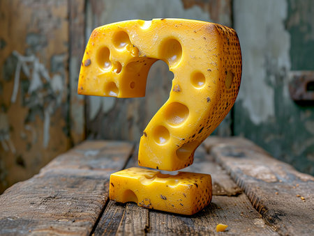 Cheese is a question mark in the kitchen interior, difficulties and problems with choosing the type of cheese for dinner. AI generated.の素材