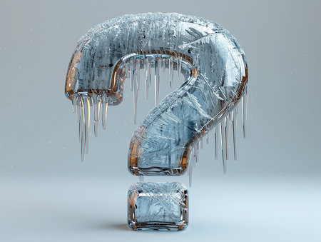 Icy frozen question mark on a light background. Problems of glaciation, cold snaps, design element for banners, presentations. AI generated.の素材