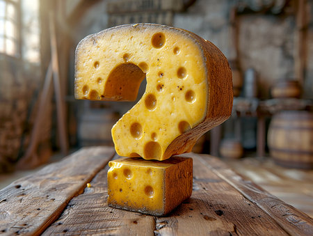 Cheese is a question mark in the kitchen interior, difficulties and problems with choosing the type of cheese for dinner. AI generated.の素材