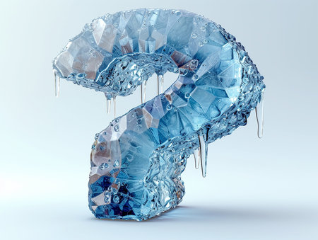 Icy frozen question mark on a light background. Problems of glaciation, cold snaps, design element for banners, presentations. AI generated.の素材