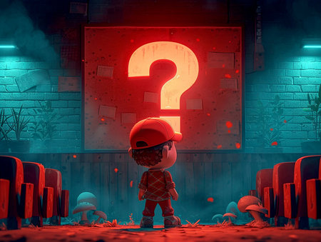 Red question mark with small puppet people, public problems of access to prohibited content among children and youth. AI generated.の素材