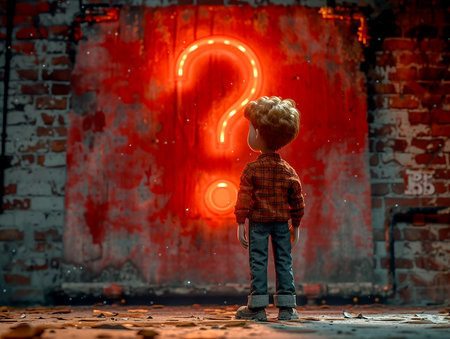 Red question mark with small puppet people, public problems of access to prohibited content among children and youth. AI generated.の素材