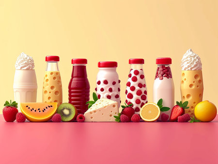 Illustration artistic web design decoration of milk banner, fermented milk and cheese still life. AI generated.の素材