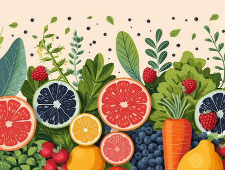 Illustration artistic web design food banner design, natural vegetable and herbal green food still life. AI generated.の素材