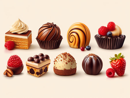 Illustration artistic web design decoration of chocolate banner, candy pattern. AI generated.の素材