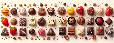 Wide format illustration of assorted chocolates with berries on a light background for the design of banners and presentations. Generated by AI.の素材