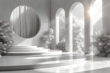 Conceptual illustration of a light interior design with voluminous decorative textured objects. AI generated.の素材