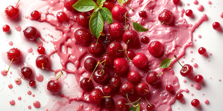 Beautiful still life cherry composition with berries and juice, concept of fortified nutrition, design for banners and presentations. AI generated.の素材