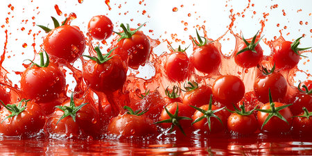 Beautiful still life tomato composition with vegetables and juice, concept of fortified nutrition, designer design for banners and presentations. AI generated.の素材