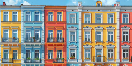 Beautiful colorful illustration of multi-colored city windows, artistic illustration of tourism, mortgage business, urban planning. AI generated.の素材