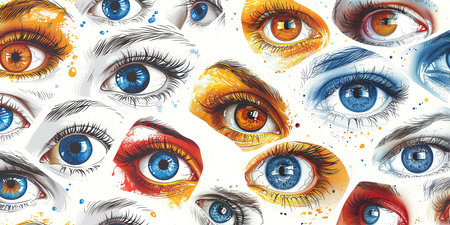 Psychedelic conceptual wide pattern with female eyes on a light background, abstract illustration of psychological content. AI generated.の素材