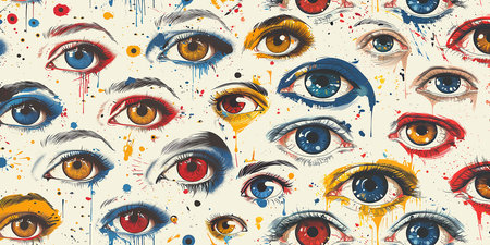Psychedelic conceptual wide pattern with female eyes on a light background, abstract illustration of psychological content. AI generated.の素材