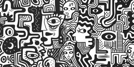 Artistic black and white banner in graffiti style with geometric meshes, illustration design for graphic projects. AI generated.の素材