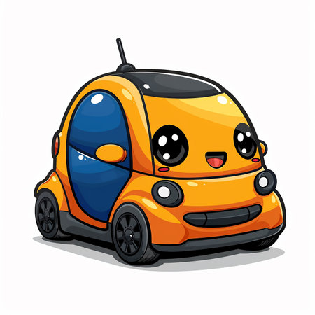 Kind cartoon character Kawaii car, transport illustration on white background. AI generated.の素材