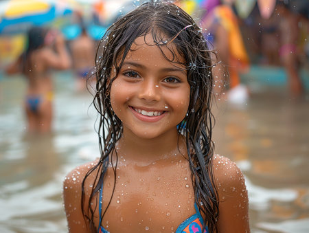 A young pretty cheerful girl smiles in a carnival swimsuit at a youth festival on the seashore. AI generated.の素材