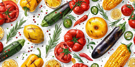 Grocery banner, illustration of delicious food, grilled vegetables close-up. AI generated.の素材