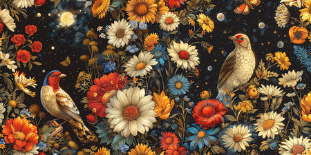 Beautiful botanical floral illustration with boho songbirds, web resource design, banner. AI generated.の素材