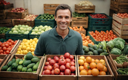 A young smiling farmer sells his organic fruits and vegetables at the city market in autumn. AI generated.の素材