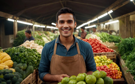 A young smiling farmer sells his organic fruits and vegetables at the city market in autumn. AI generated.の素材