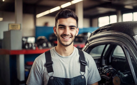 Young smiling auto mechanic in special clothes in a car repair shop. AI generated.の素材