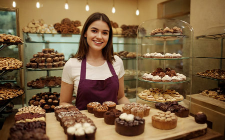 A young smiling saleswoman sells cakes and other sweets in a candy store. Generated by AI.の素材