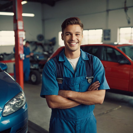 Young smiling auto mechanic in special clothes in a car repair shop. AI generated.の素材