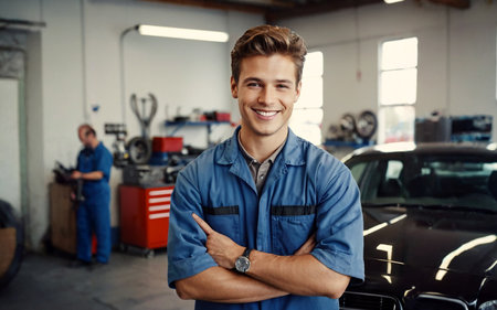 Young smiling auto mechanic in special clothes in a car repair shop. AI generated.の素材