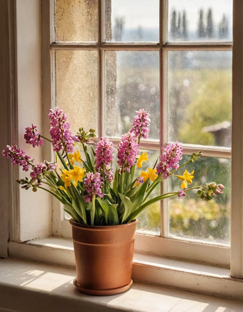 A simple homemade still life with spring flowers on an old dirty windowsill. AI generated.の素材