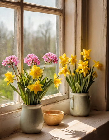 A simple homemade still life with spring flowers on an old dirty windowsill. AI generated.の素材
