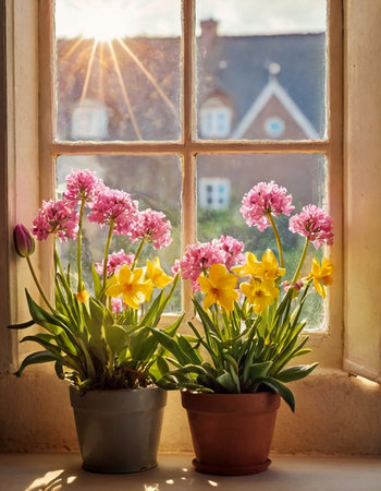 A simple homemade still life with spring flowers on an old dirty windowsill. AI generated.の素材