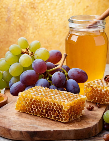 A simple homemade still life with grapes and honey in honeycombs on a wooden table. AI generated.の素材
