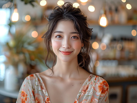 A young pretty girl against the background of a display case with cosmetics in a store. AI generated.の素材