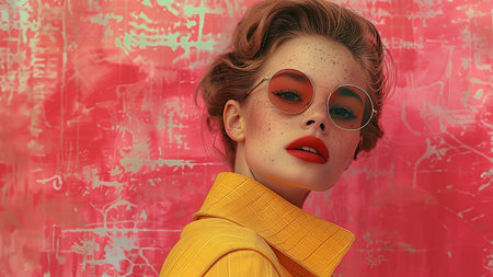 Stylish avant-garde portrait of a beautiful young woman in the style of 50s posters, wide format. AI generated.の素材