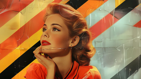Stylish avant-garde portrait of a beautiful young woman in 50s poster style, wide format. AI generated.の素材