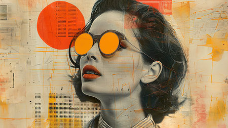 Stylish avant-garde portrait of a beautiful young woman in the style of 50s posters, wide format. AI generated.の素材