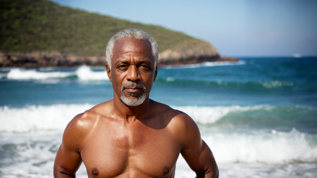 A handsome, respectable older black man posing in swimming trunks on the beach against the backdrop of a sea wave. Generated by AI.の素材