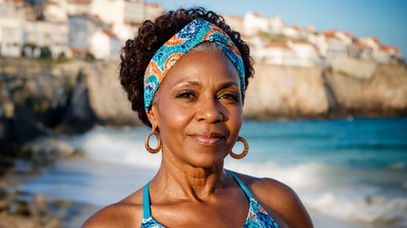 A beautiful respectable mature black woman posing in a swimsuit on the beach against the backdrop of a sea wave. Generated by AI.の素材