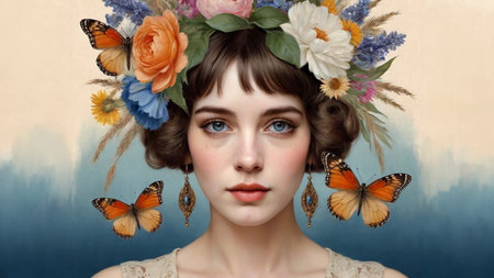 Collage portrait of a young cute girl with flowers and butterflies, close-up. AI generated.の素材