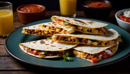Traditional Mexican dish quesadillas with meat and vegetable filling, baked in the oven. AI generated.の素材