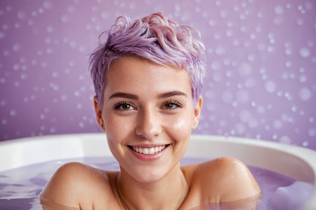 Portrait of young woman with purple hair relaxing in bathtub.の素材