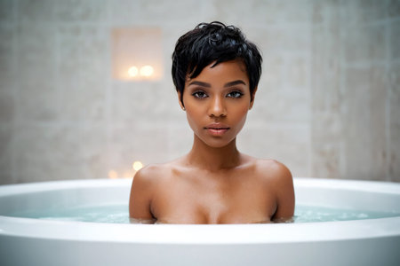 Young attractive black girl with short hair posing in a bathtub in the bathroom, healthy lifestyle. AI generated.の素材