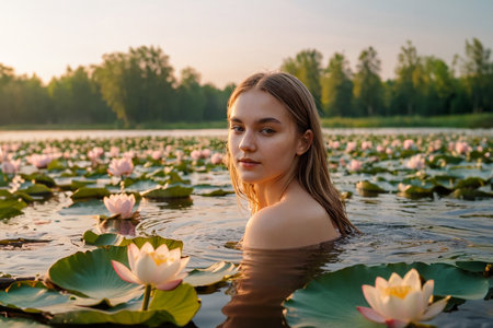A young attractive girl with long hair bathes in a lake with blooming lotuses, golden hour. AI generated.の素材