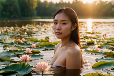A young attractive girl of Asian appearance bathes in a lake with blooming lotuses, golden hour. AI generated.の素材