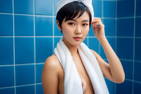 Young attractive girl posing in the bathroom with a towel, healthy lifestyle. AI generated.の素材